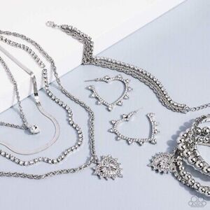 paparazzi Silver-Tone Layered Necklace Set with Sparkling Heart Hoops